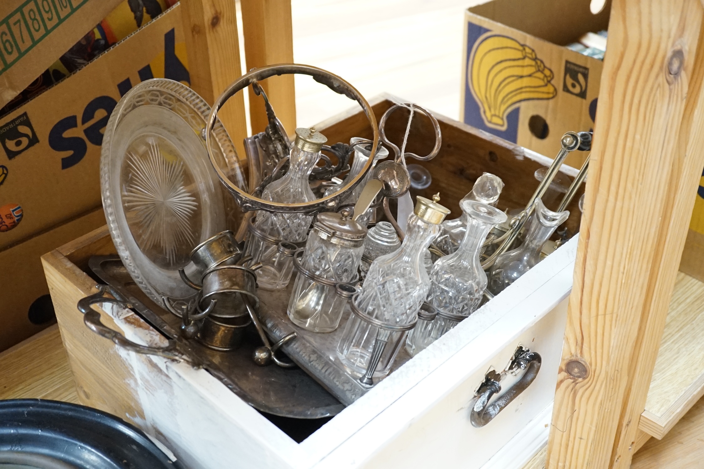 A quantity of silver plate to include a tazza with glass dish, a decanter and a pedestal dish, etc. Condition - fair